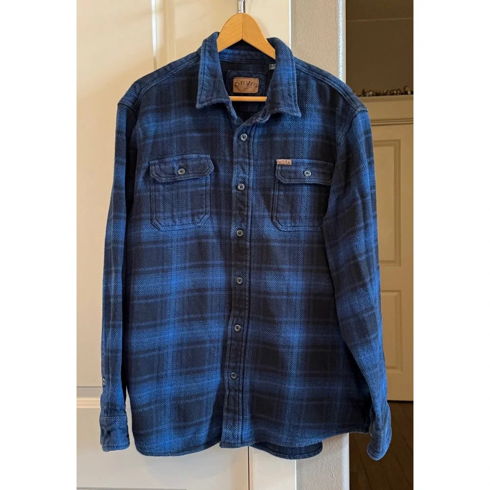Orvis Mens XL Blue Black Plaid Flannel Shirt Jacket Heavyweight Cotton Shacket